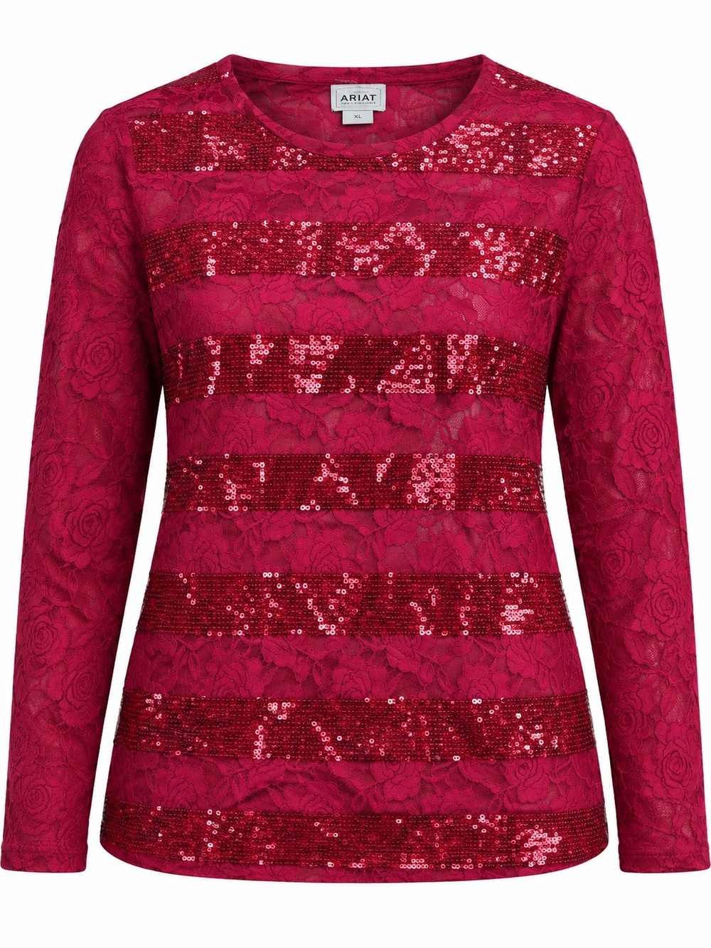 ARIAT | Sparkly Red Rose Lace Sequin Semi Sheer Western Shimmer Glam Top | XL